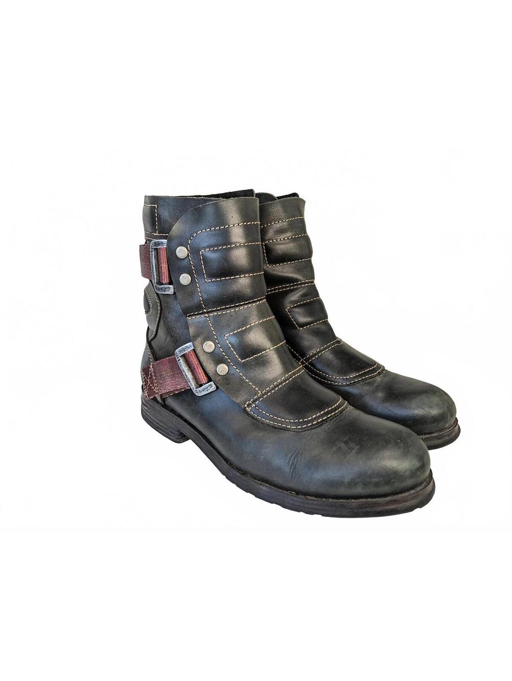 FLY LONDON distressed Leather Short SELI700 ENGINEER boot w oxblood/brown strap. - Picture 3 of 11